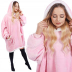Patura tip hanorac, cu maneci, gluga si buzunare, material plus, marime universala, roz