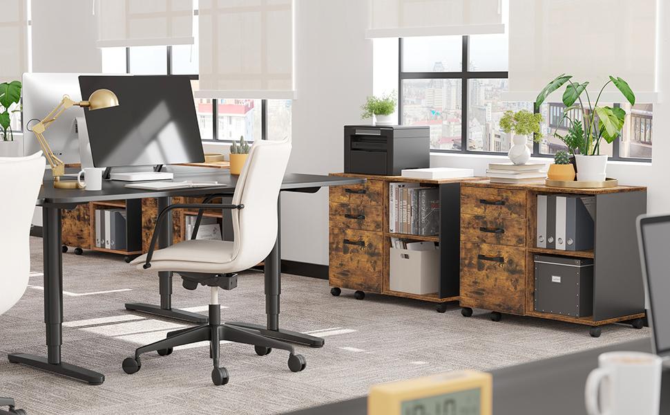 VASAGLE Dulap mobil tip rollbox pentru birouri, sertar cu sina suport dosare, stil industrial, 40x80x66 cm, maro rustic