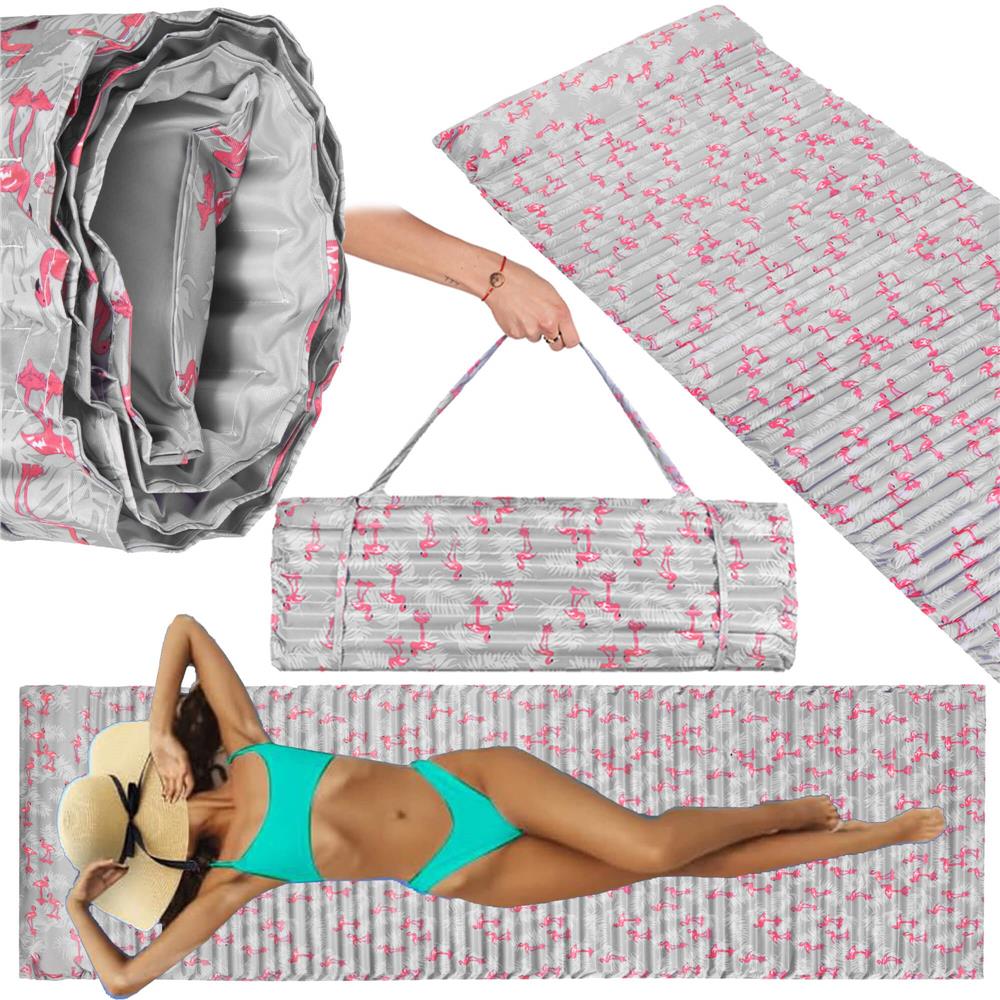 Saltea pentru plaja pliabila, din spuma, ultra-usoara, cu perna si maner de transport, 60x180cm, gri flamingo roz