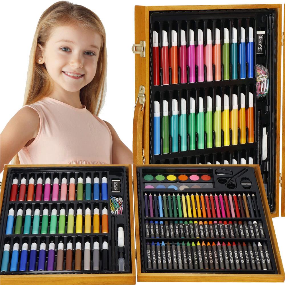 Set de pictura si desen pentru copii, 150 de piese, trusa lemn maro