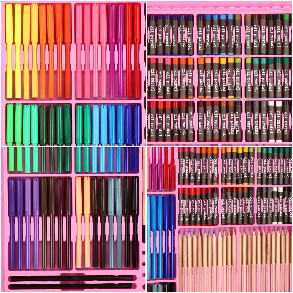 Set de pictura si desen pentru copii, 258 de piese, trusa plastic roz