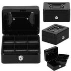 Caseta pentru bani tip cutie de valori, compartimentanta, cu cheie, metal, 15x12x8cm, negru