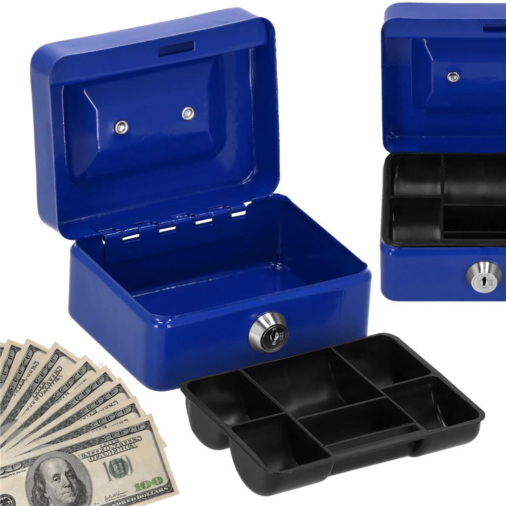 Caseta pentru bani tip cutie de valori, compartimentanta, cu cheie, metal, 12.5x9.5x6.5cm, albastru