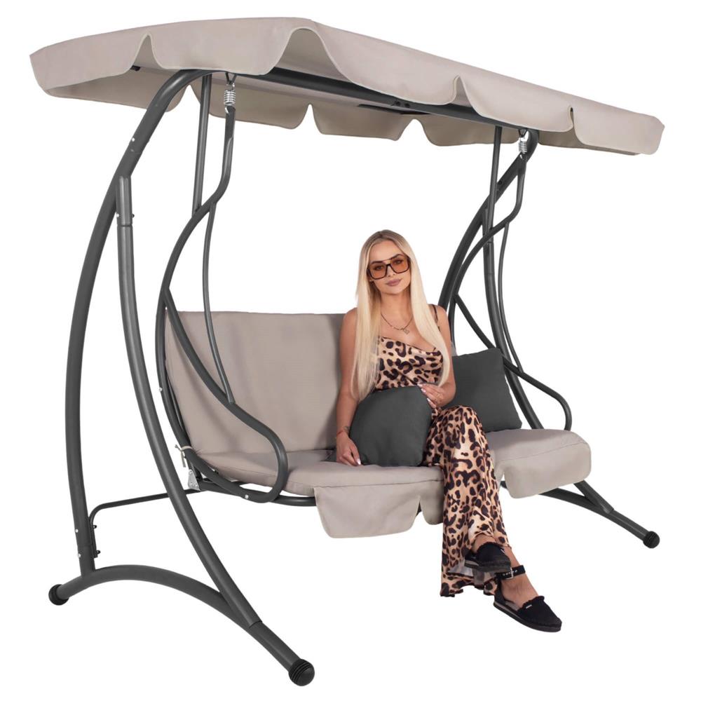 Leagan de gradina 190x115x176 cm, pentru 3 persoane, copertina reglabila, perne incluse, cadru otel si material impermeabil, bej