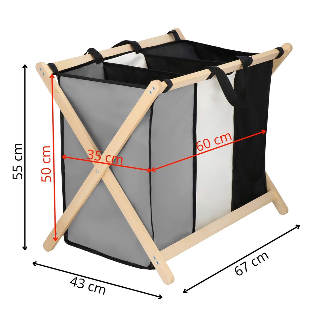 Cos de rufe cu 3 compartimente, cadru din lemn, 67x43x55 cm, 105 litri