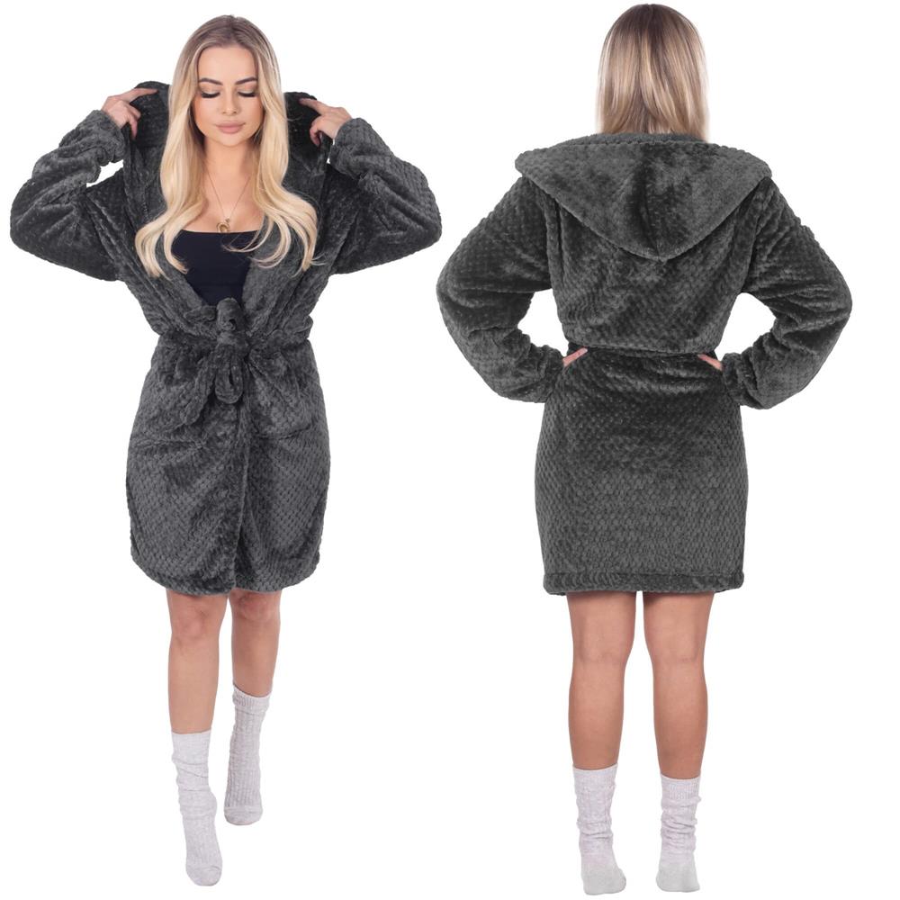 Halat de baie pentru femei pana la genunchi, cu gluga, marimea L/XL, gri inchis