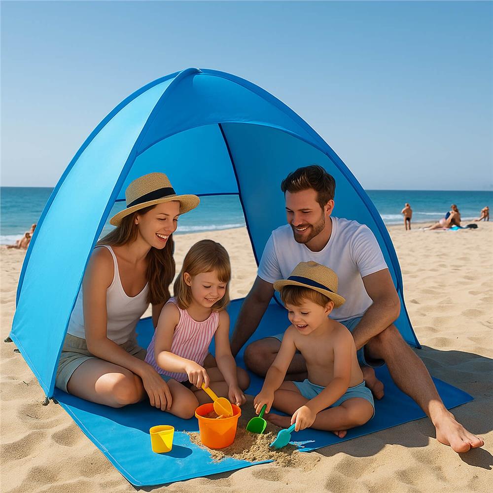 Cort plaja autoexpansibil POP-UP cu plasa ventilatie si protectie UV, 160x140x115 cm, albastru