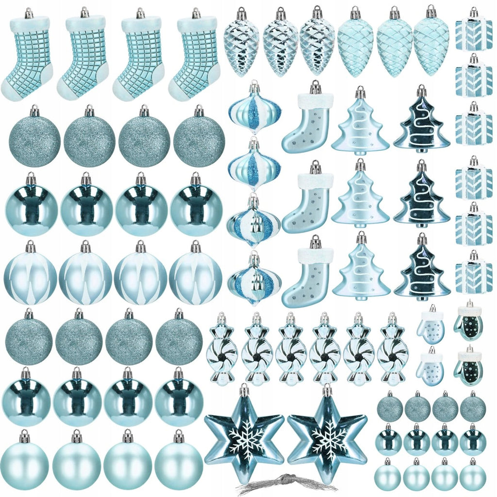 Set globuri si decoratiuni de Craciun, 77 piese, diverse dimensiuni, albastru