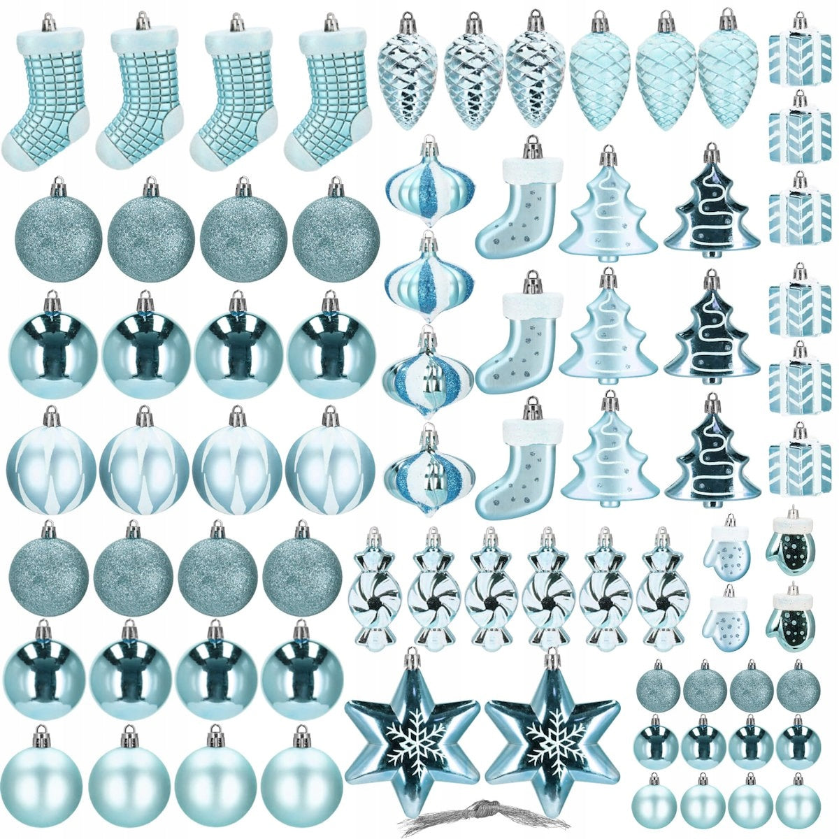 Set globuri si decoratiuni de Craciun, 77 piese, diverse dimensiuni, albastru