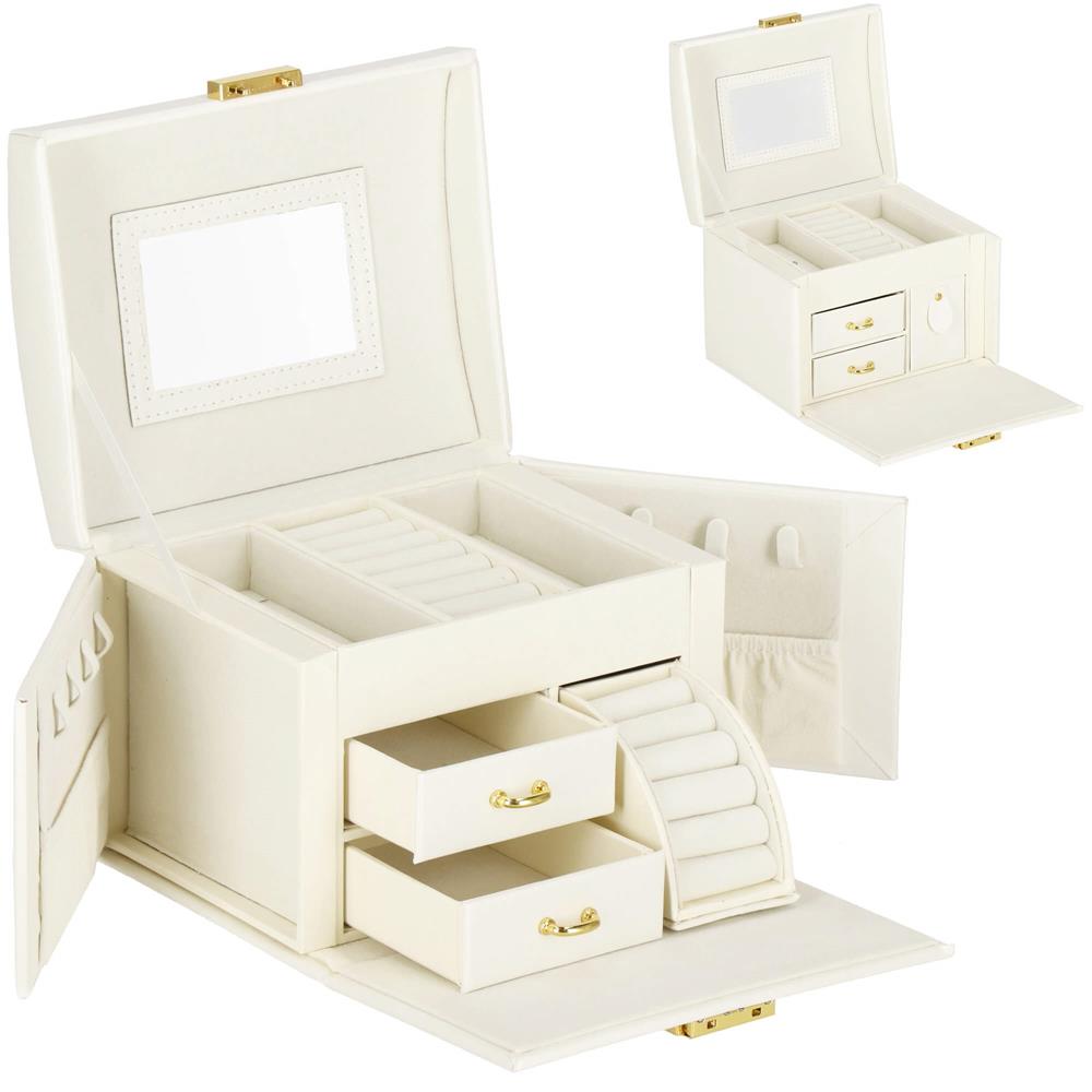 (DL) Cutie depozitare si organizare bijuterii, MDF, piele ecologica, 17,5 x 12 x 13,5 cm., crem