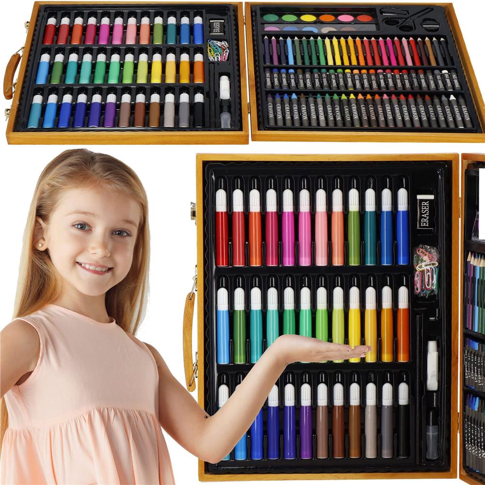 Set de pictura si desen pentru copii, 150 de piese, trusa lemn maro