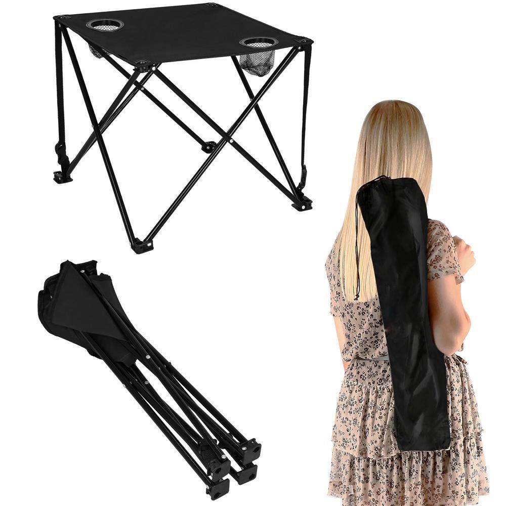 Masa plianta camping sau pescuit, cu 2 suporturi pahar, 46x46x45 cm, negru