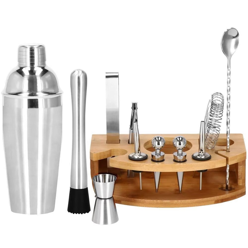 Set Cocktail Shaker Kit pentru barmani 750ml, KI12, suport bambus, 12 piese