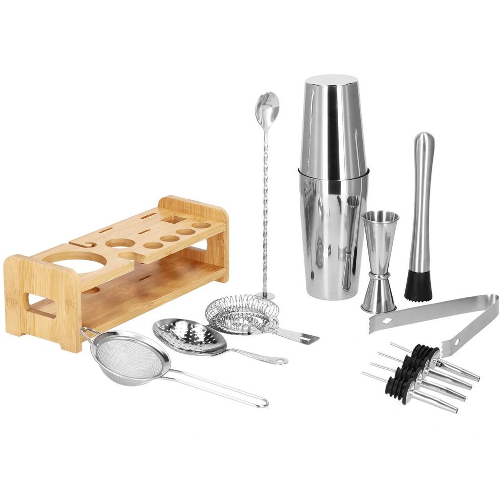 Set Cocktail Shaker Kit pentru barmani 750ml, KI11, suport bambus, 14 piese