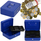 Caseta pentru bani tip cutie de valori, compartimentanta, cu cheie, metal, 25x20x9cm, albastru