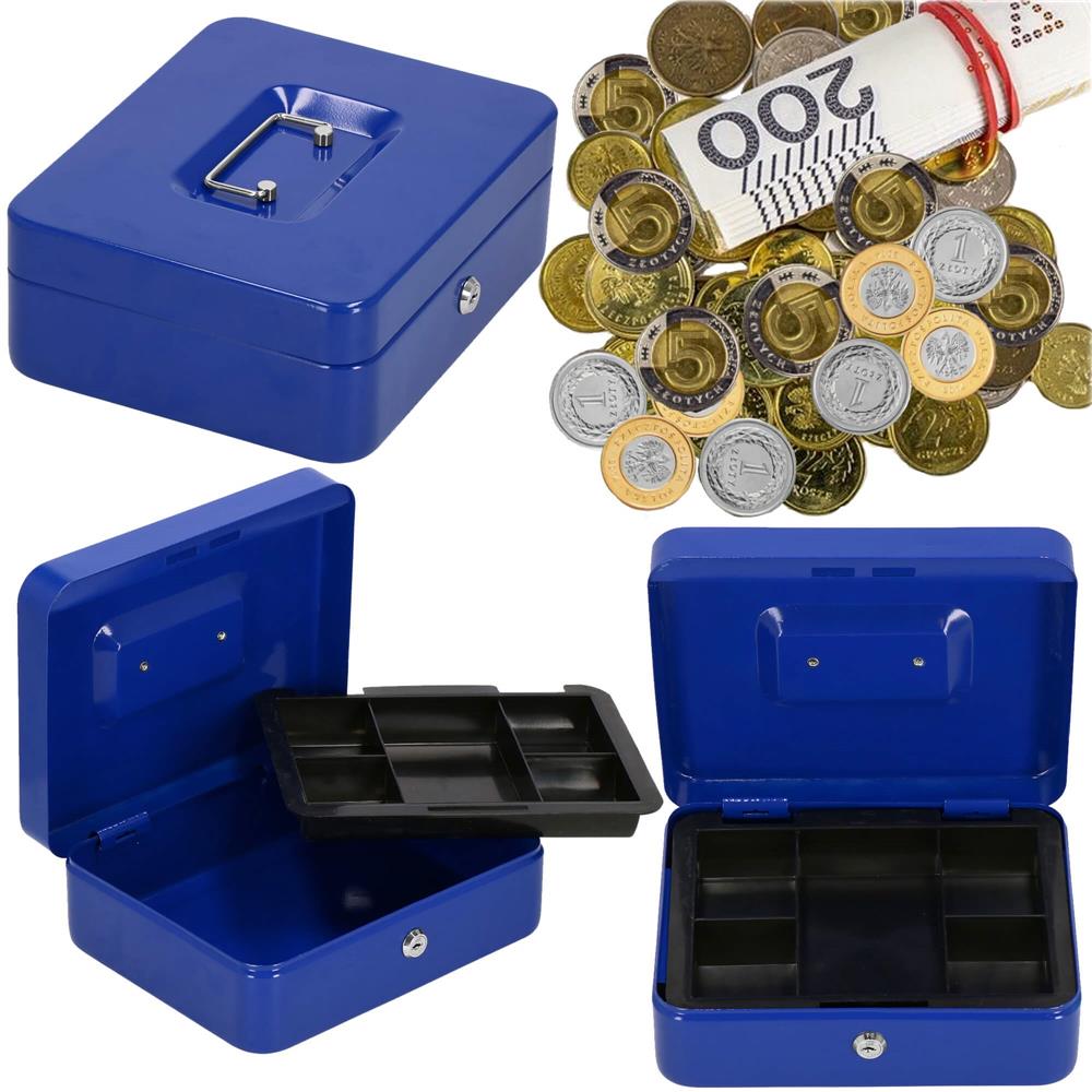 Caseta pentru bani tip cutie de valori, compartimentanta, cu cheie, metal, 25x20x9cm, albastru