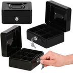 Caseta pentru bani tip cutie de valori, compartimentanta, cu cheie, metal, 15x12x8cm, negru