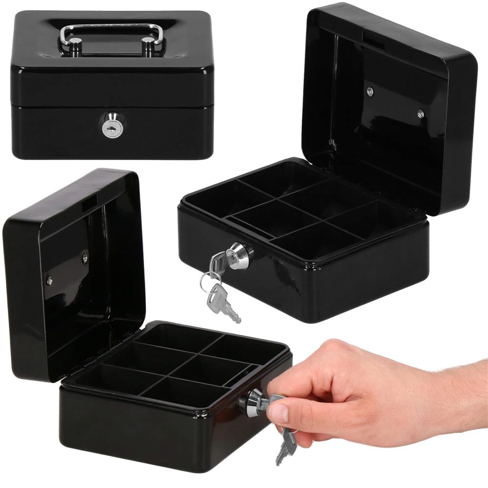 Caseta pentru bani tip cutie de valori, compartimentanta, cu cheie, metal, 15x12x8cm, negru