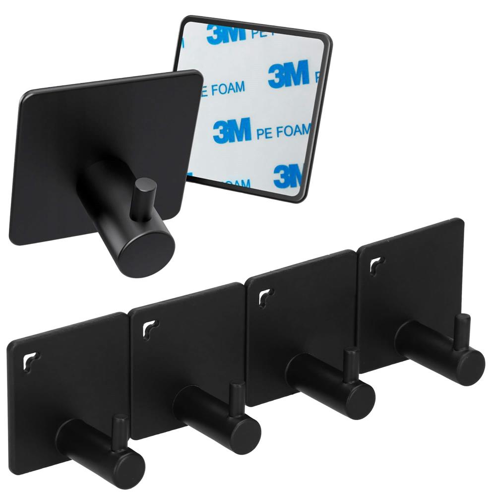 Set 4 agatatori tip cuier pentru baie, sistem fixare inclus, aluminiu, negru