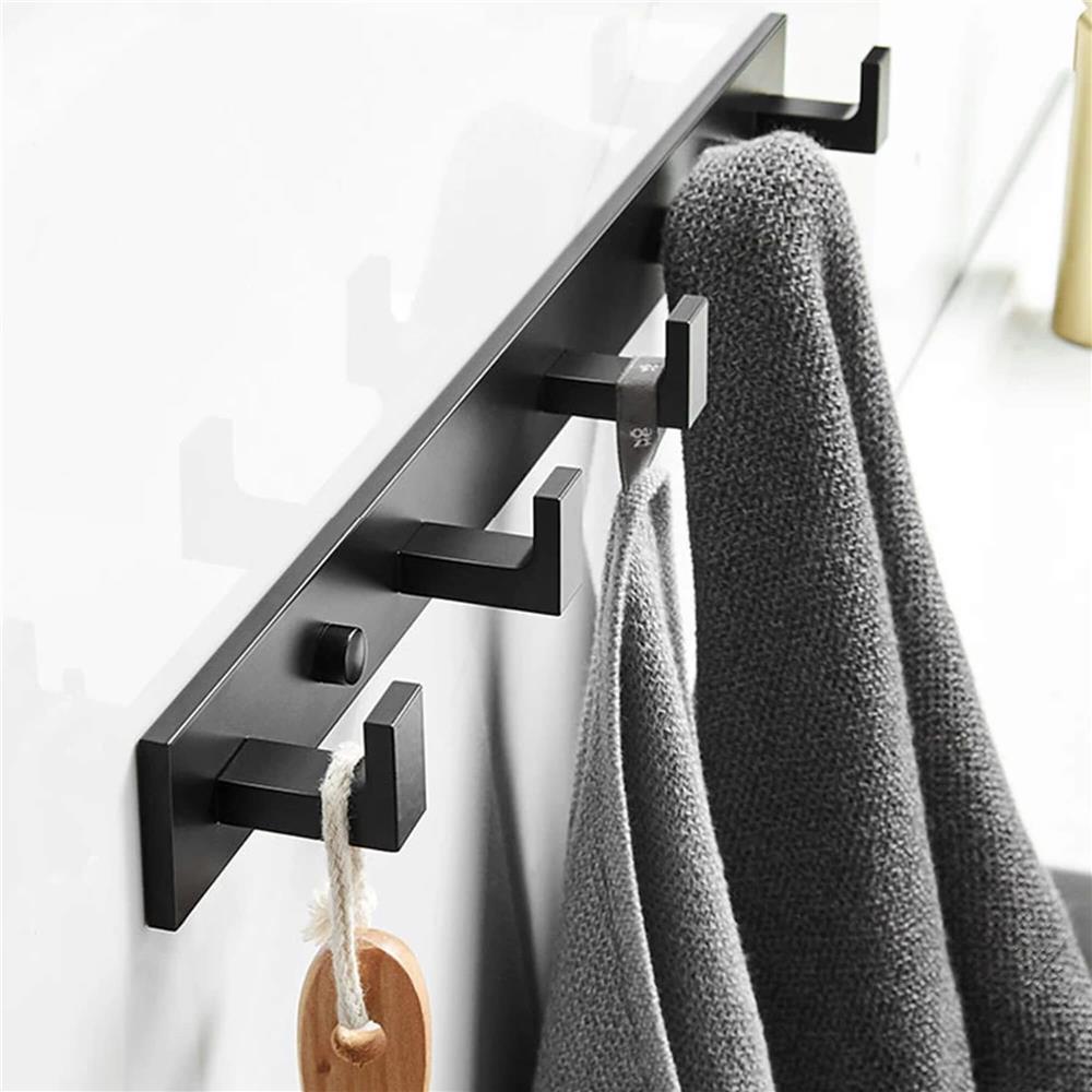 Cuier de baie pentru prosoape cu 2 sisteme instalare, aluminiu, 5 agatatori, 45x4cm, negru