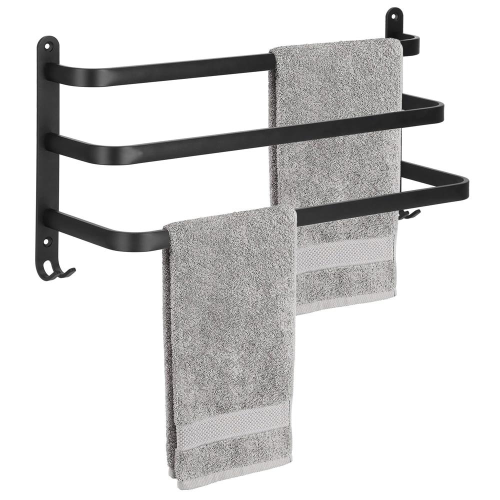 Suport prosoape pentru baie cu 2 sisteme de instalare, 3 brate, din aluminiu, 49x25cm, negru