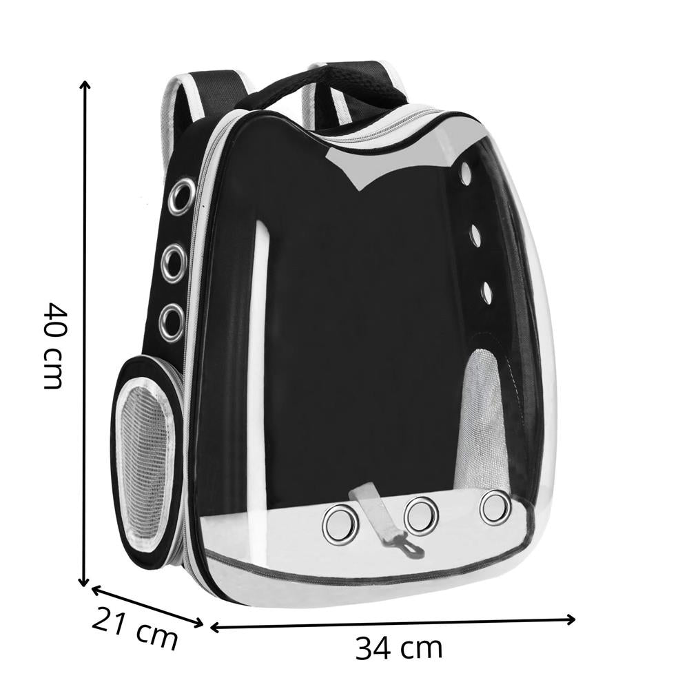 Rucsac transport animale talie mica-medie, maxim 12 kg, hublou panoramic transparent, buzunare laterale, negru