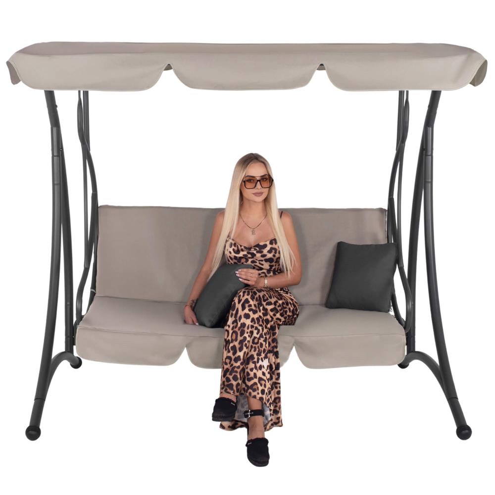 Leagan de gradina 190x115x176 cm, pentru 3 persoane, copertina reglabila, perne incluse, cadru otel si material impermeabil, bej