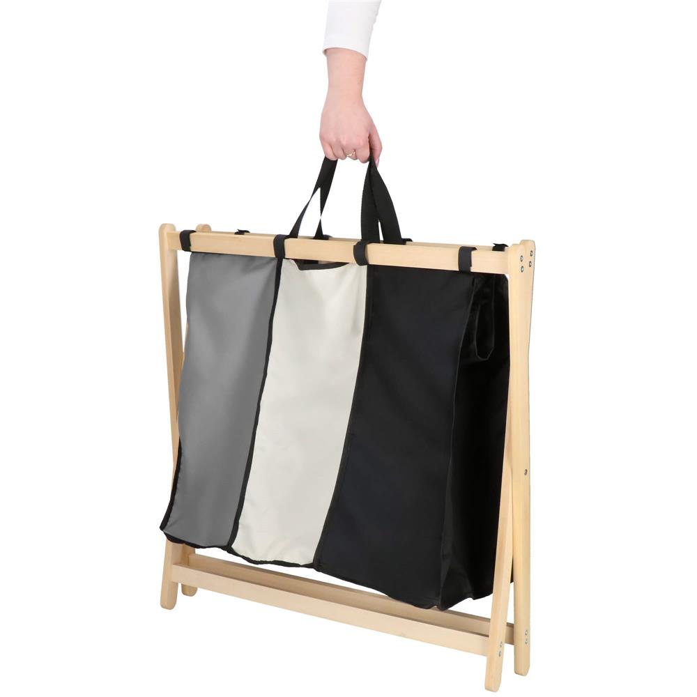 Cos de rufe cu 3 compartimente, cadru din lemn, 67x42x57 cm, 105 litri