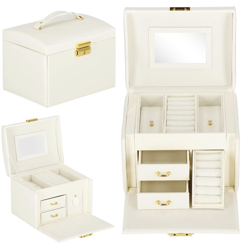 (DL) Cutie depozitare si organizare bijuterii, MDF, piele ecologica, 17,5 x 12 x 13,5 cm., crem