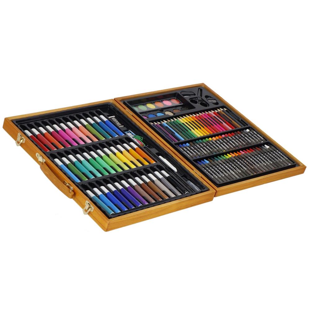 Set de pictura si desen pentru copii, 150 de piese, trusa lemn maro