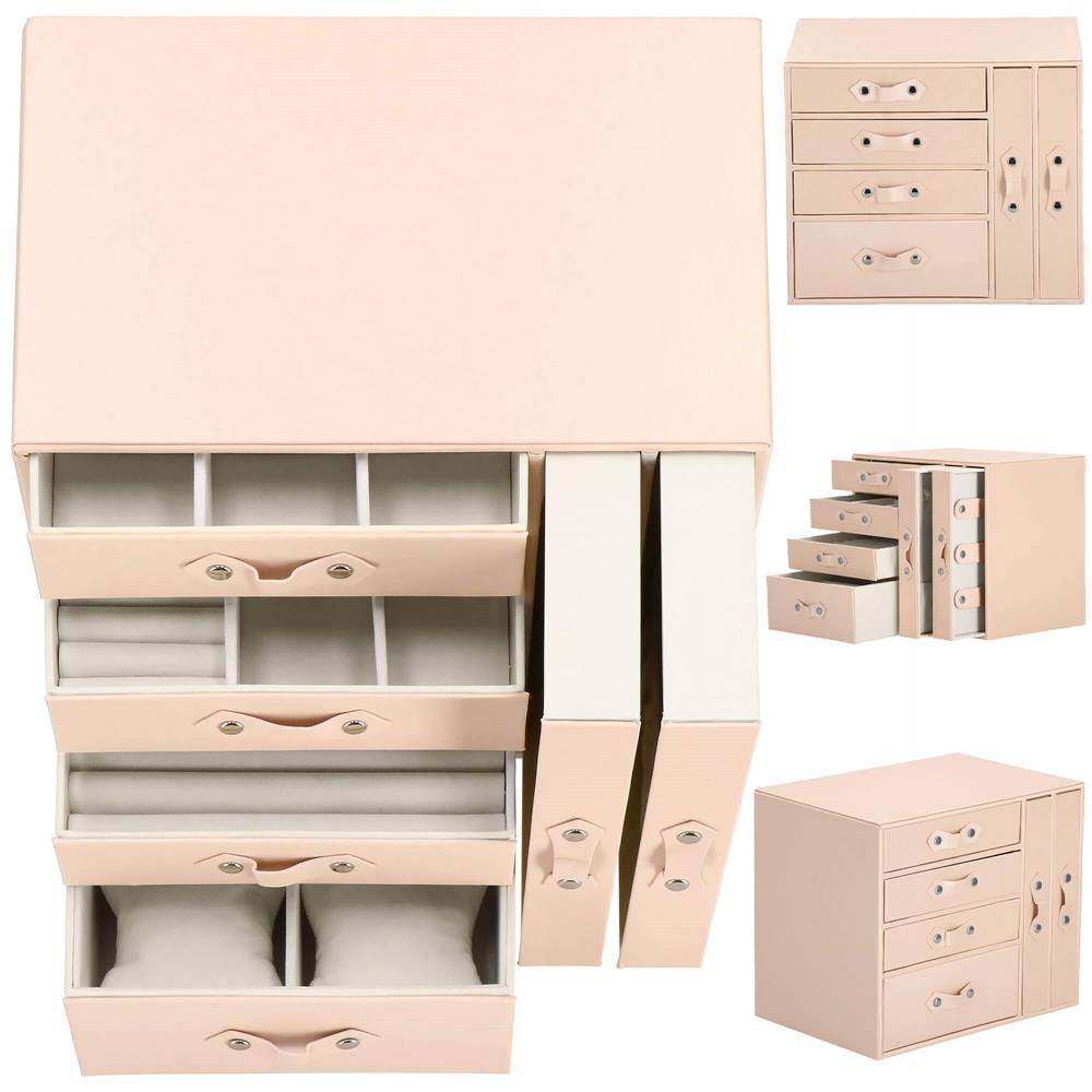 (DL) Cutie depozitare si organizare bijuterii, piele ecologica + velur, 26 x 22 x 18 cm, roz