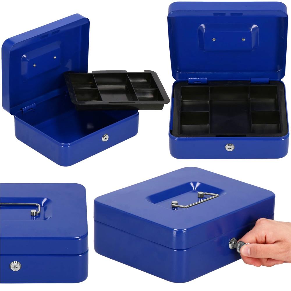 Caseta pentru bani tip cutie de valori, compartimentanta, cu cheie, metal, 20x16x9cm, albastru