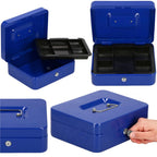 Caseta pentru bani tip cutie de valori, compartimentanta, cu cheie, metal, 20x16x9cm, albastru