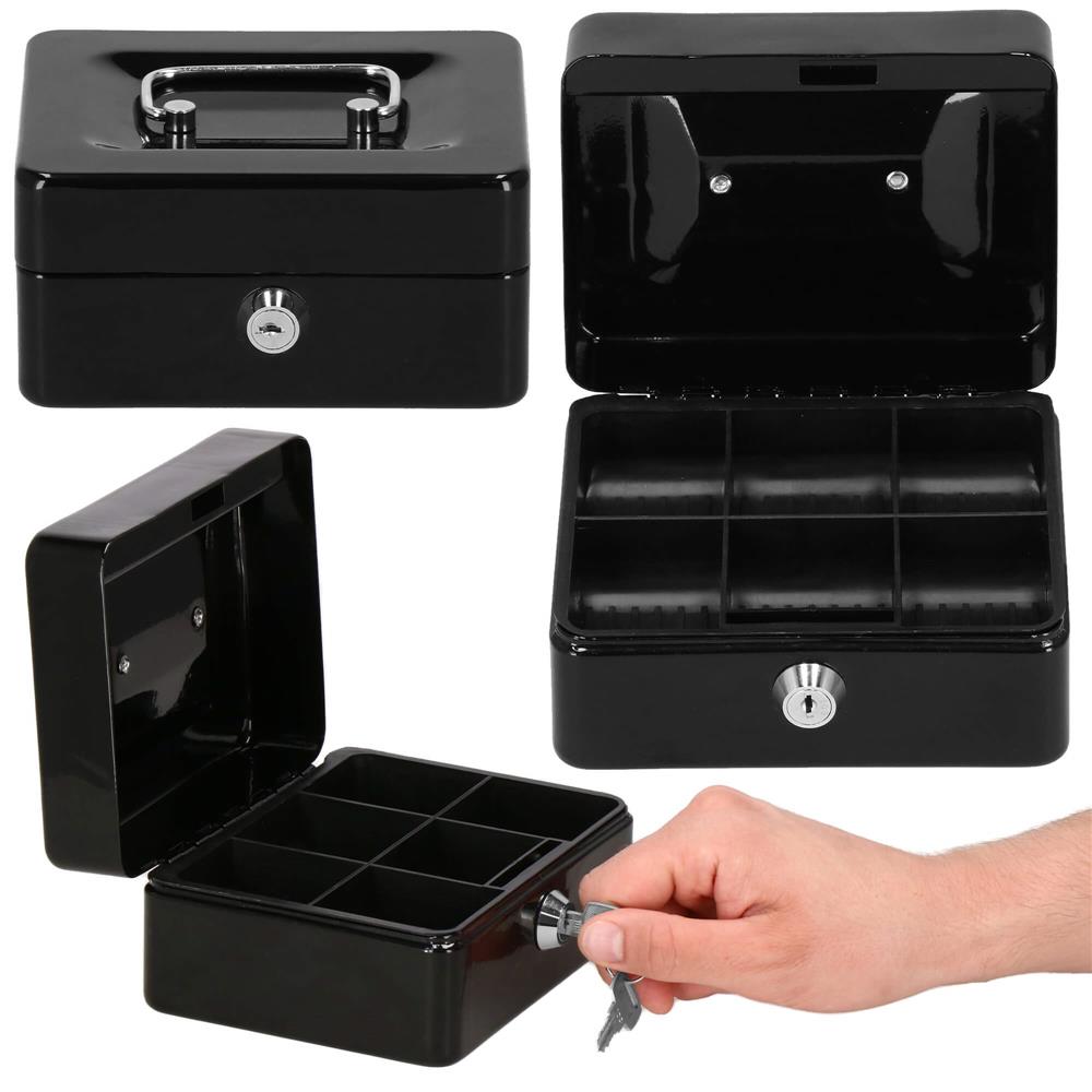Caseta pentru bani tip cutie de valori, compartimentanta, cu cheie, metal, 15x12x8cm, negru