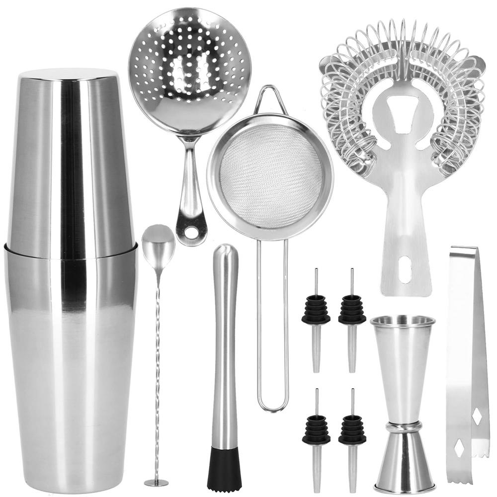 Set Cocktail Shaker Kit pentru barmani 750ml, KI11, suport bambus, 14 piese