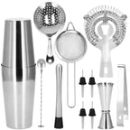 Set Cocktail Shaker Kit pentru barmani 750ml, KI11, suport bambus, 14 piese