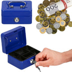 Caseta pentru bani tip cutie de valori, compartimentanta, cu cheie, metal, 12.5x9.5x6.5cm, albastru