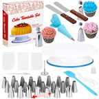 Set patiserie cu platou rotativ, 37 piese cu sabloane pentru ornarea prajiturilor