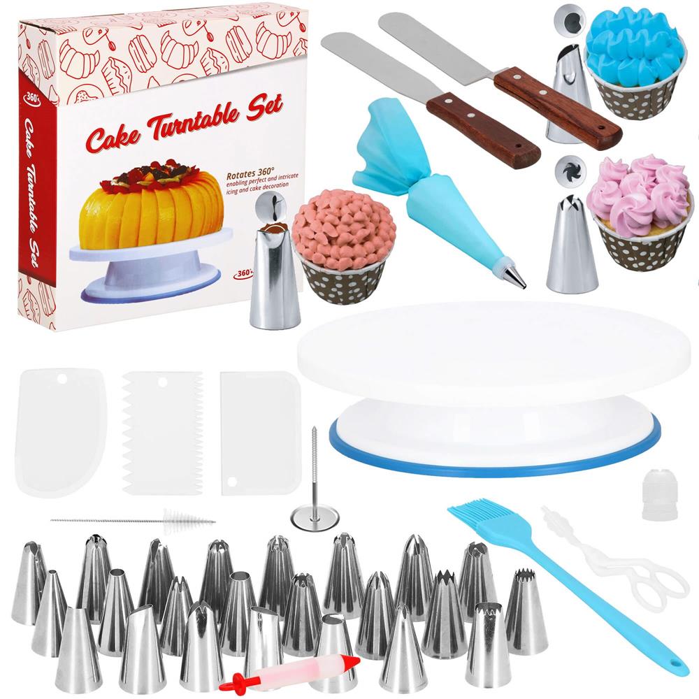 Set patiserie cu platou rotativ, 37 piese cu sabloane pentru ornarea prajiturilor