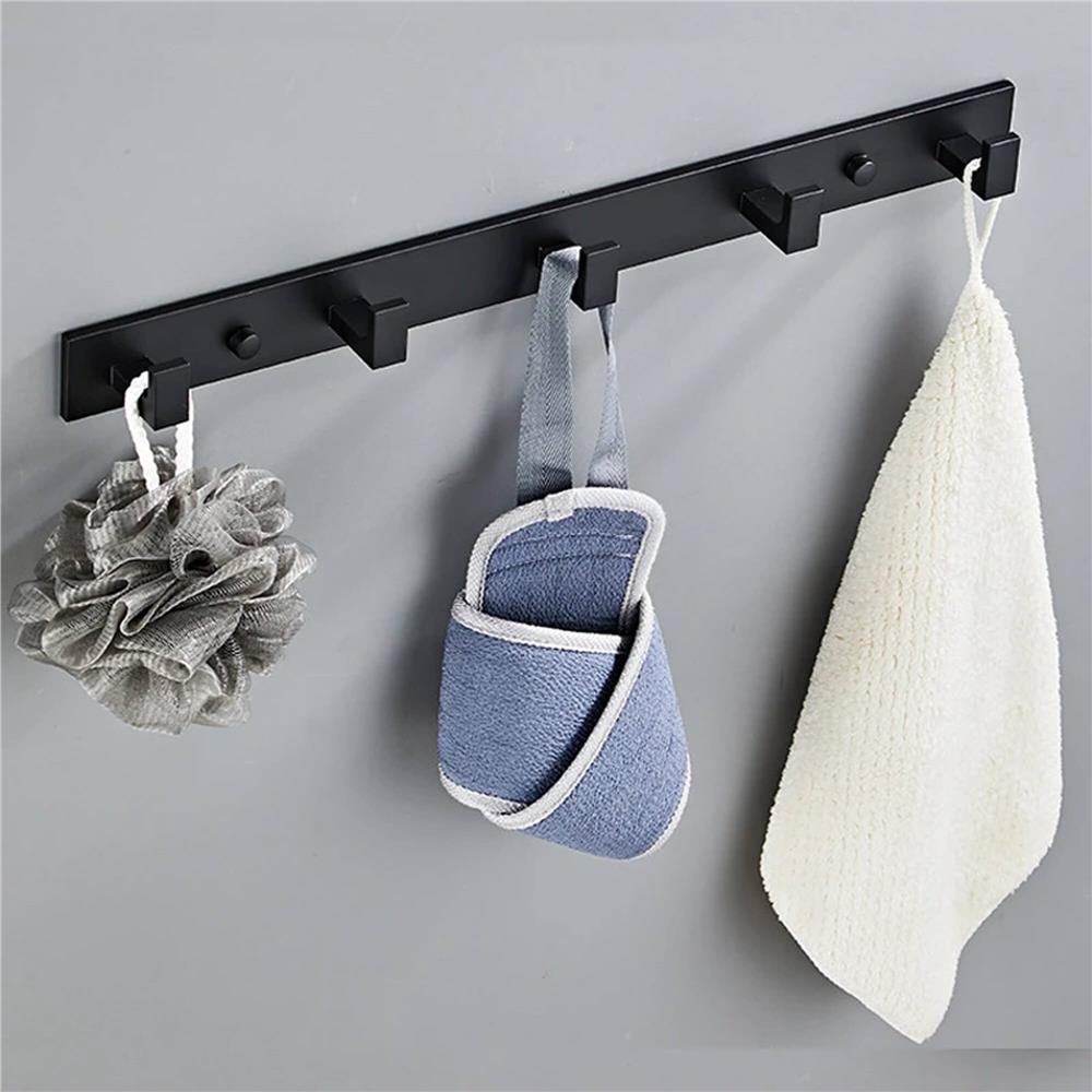 Cuier de baie pentru prosoape cu 2 sisteme instalare, aluminiu, 5 agatatori, 45x4cm, negru