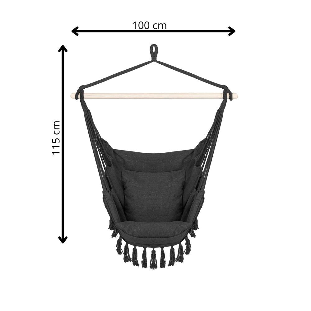 Hamac tip leagan suspendat pentru casa sau gradina, cu perne, 130x100cm, 150kg, gri inchis