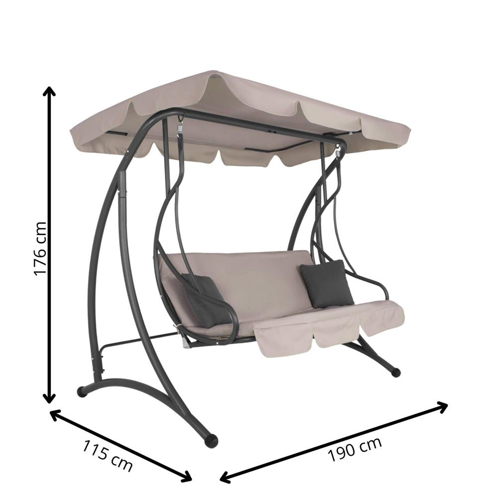 Leagan de gradina 190x115x176 cm, pentru 3 persoane, copertina reglabila, perne incluse, cadru otel si material impermeabil, bej