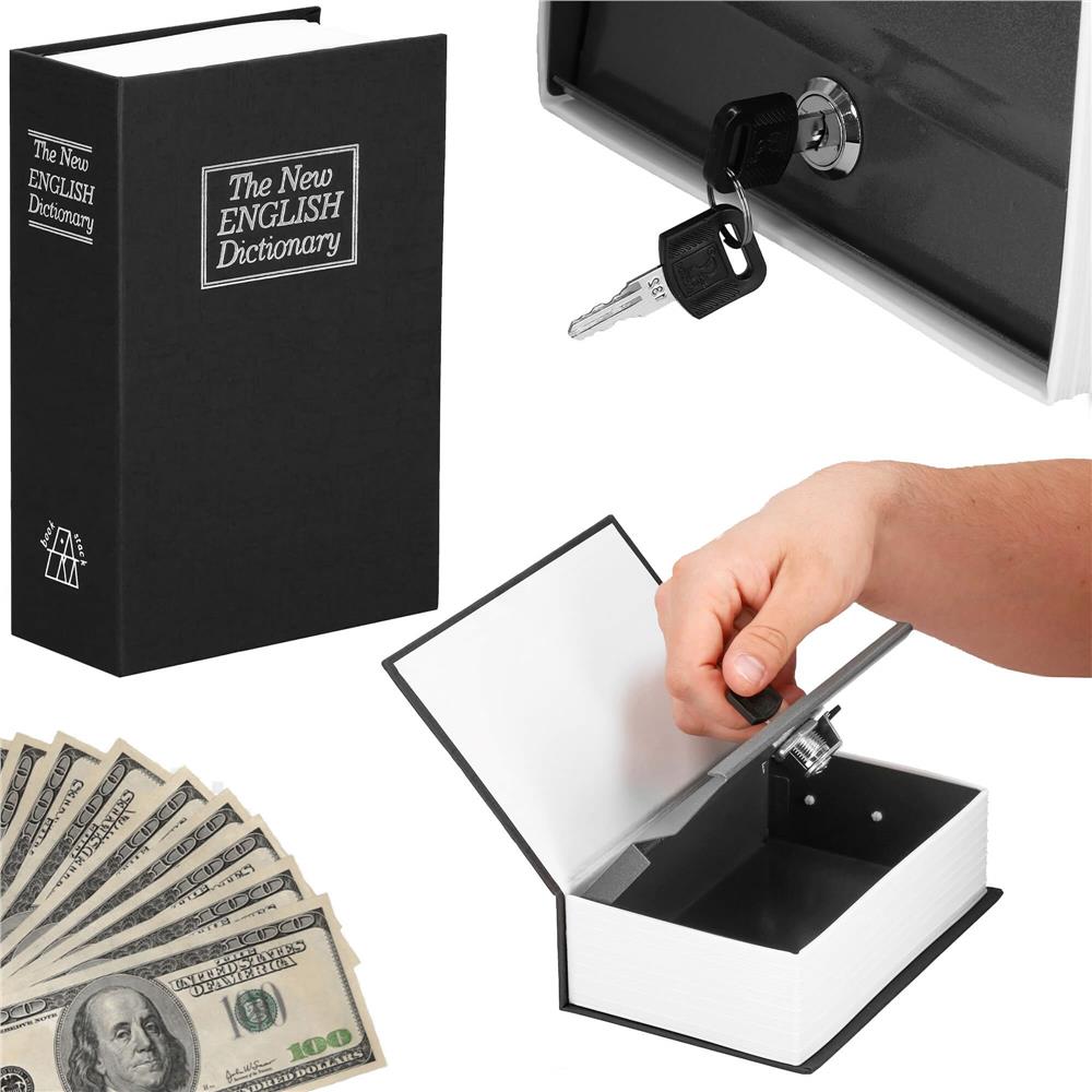 Caseta de valori, cutie metalica cu cheie, portabila, tip carte, Dictionar, negru, 24x15.5x5.5 cm