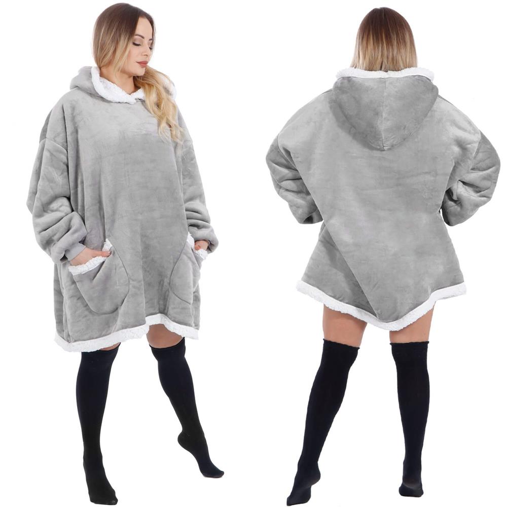Patura tip hanorac, cu maneci, gluga si buzunare, material plus, marime universala, gri
