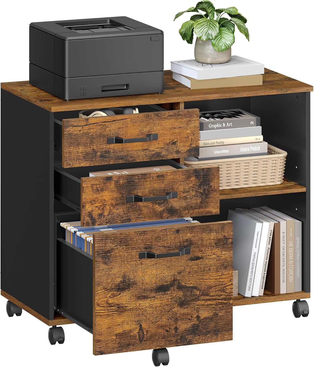 VASAGLE Dulap mobil tip rollbox pentru birouri, sertar cu sina suport dosare, stil industrial, 40x80x66 cm, maro rustic