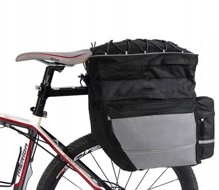 Geanta portbagaj bicicleta dubla, 8 buzunare laterale, 39x34x43cm, negru cu elemente reflectorizante gri, protectie impermeabila