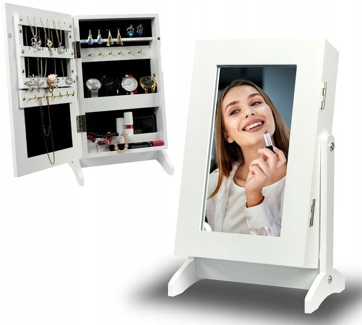 Dulapior de toaleta cu oglinda si spatiu de depozitare bijuterii, 21x36x15cm, alb