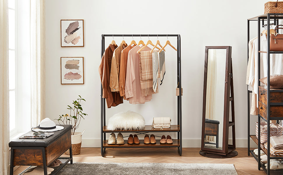 VASAGLE Raft pentru haine cu suport pentru pantofi, 2 polite, 6 carlige laterale, 45x100x160cm, maro rustic