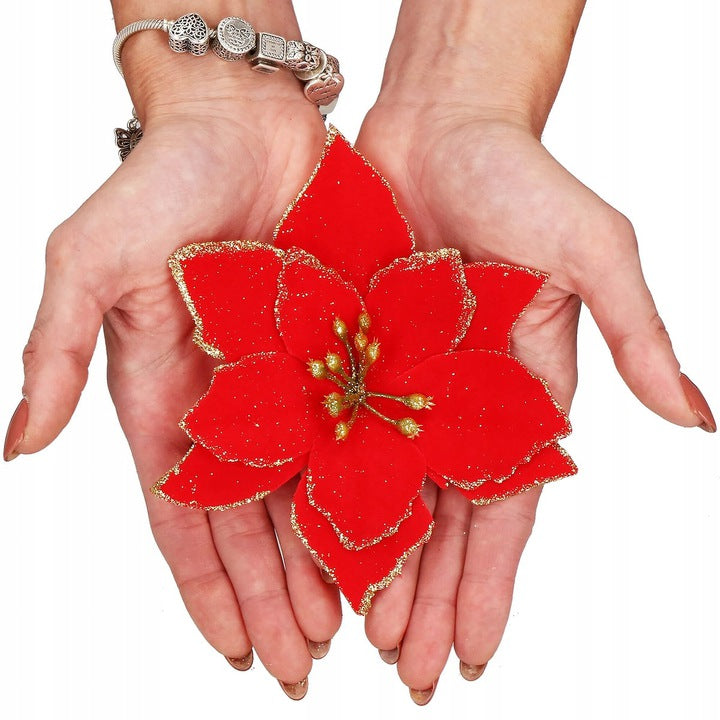 Set 10 ornamente pentru bradul de Craciun, stea Poinsettia, 13cm, rosu cu sclipici