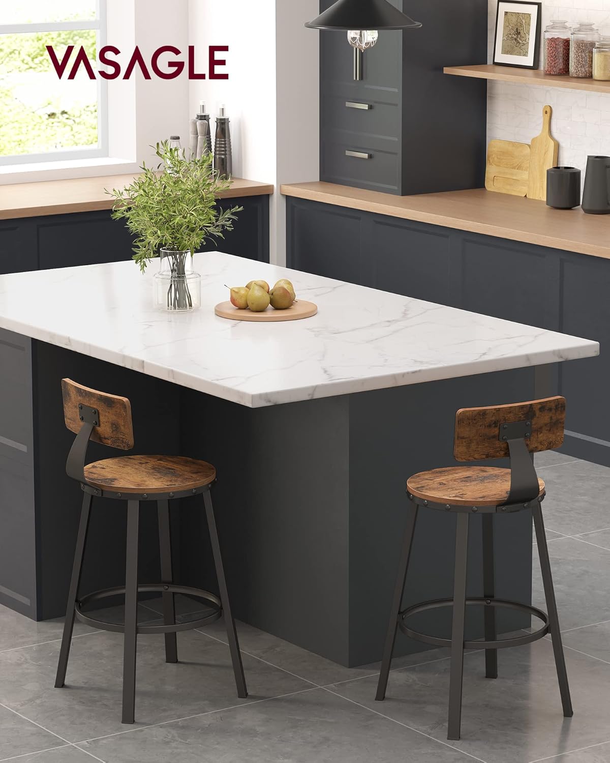 VASAGLE Set de 2 scaune de bar inalte cu spatar, cadru din otel, industrial, 51x89cm, maro rustic